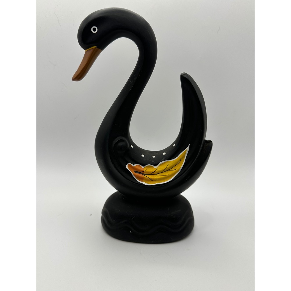 Vintage Black Swan Figurine Matte PLASTIC Hand Painted Leaf Detail 8.5 Inch